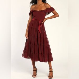 Lulus Tier To Win Burgundy Tiered Flutter Sleeve Midi Dress